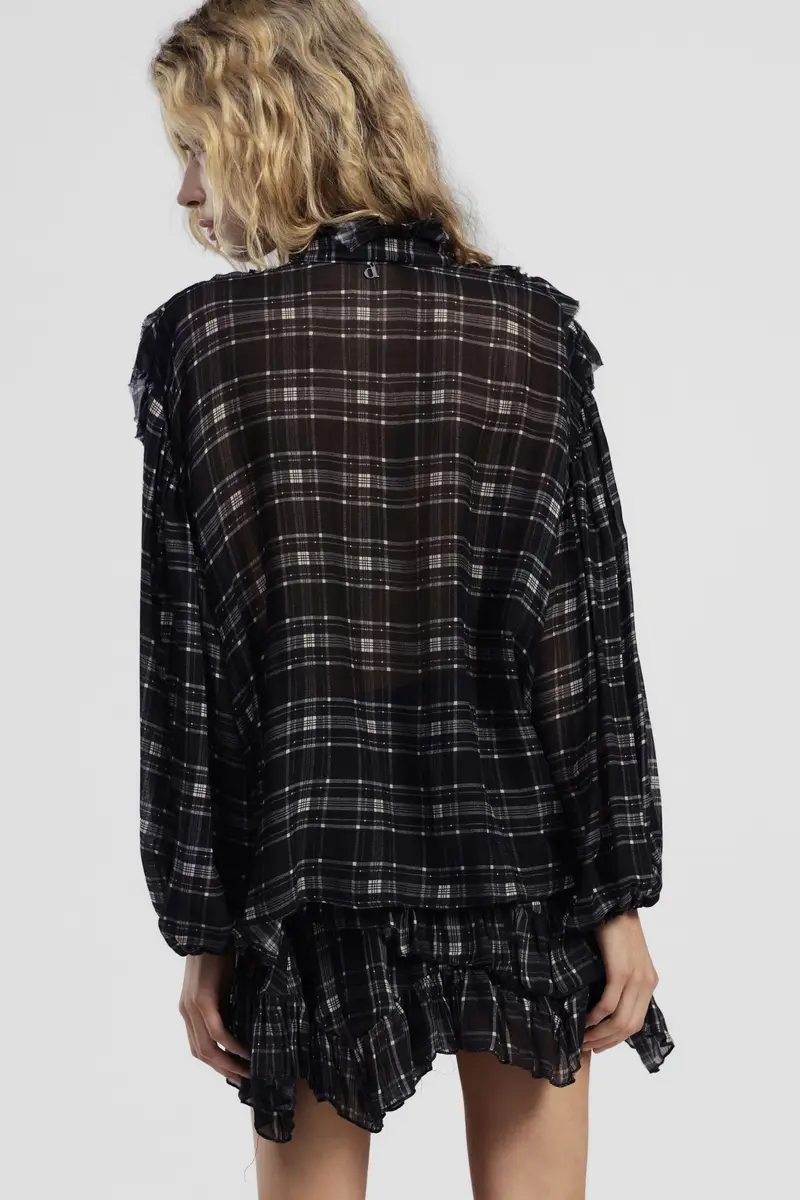 Shirt con volant davanti e motivo a quadri miniatura 3