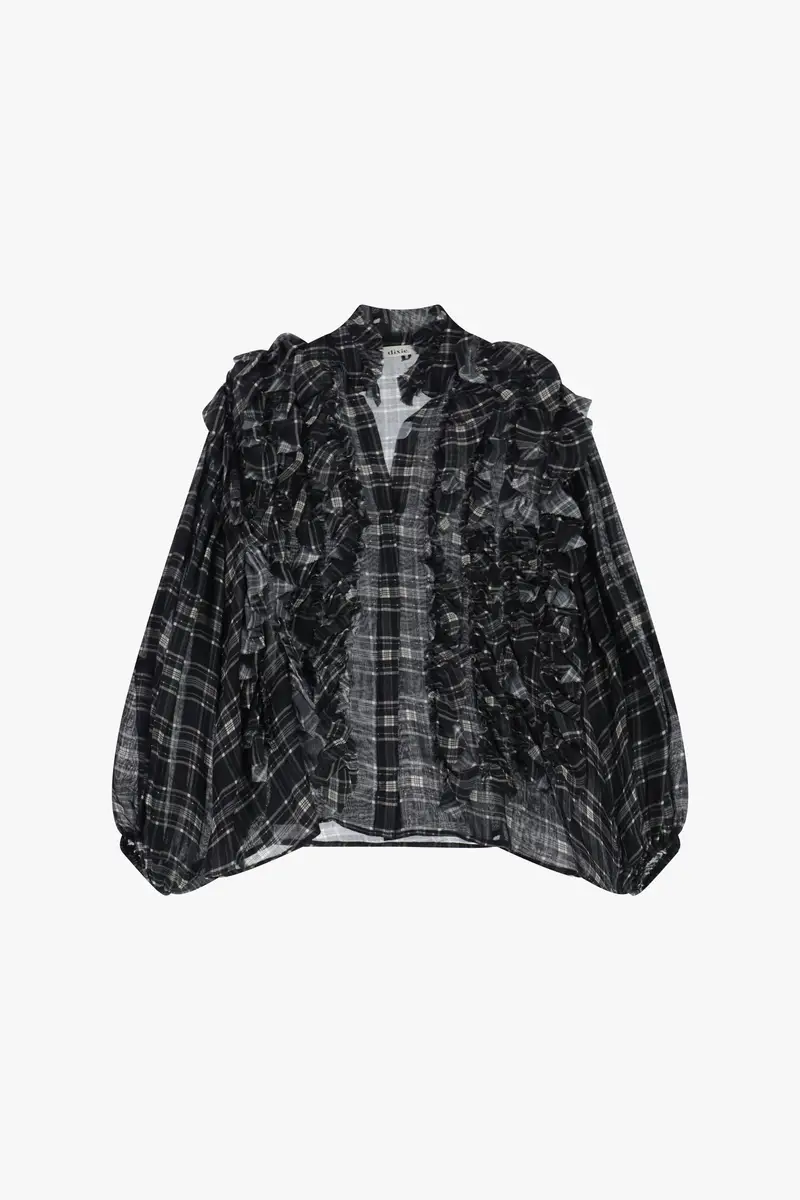 Shirt con volant davanti e motivo a quadri