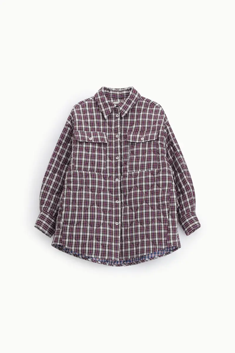 Shirt jacket trapuntata stampa a quadri tasche frontali