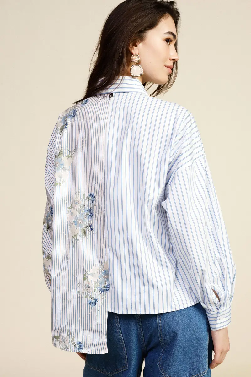 Shirt oversize a righe con stampa floreale miniatura 3