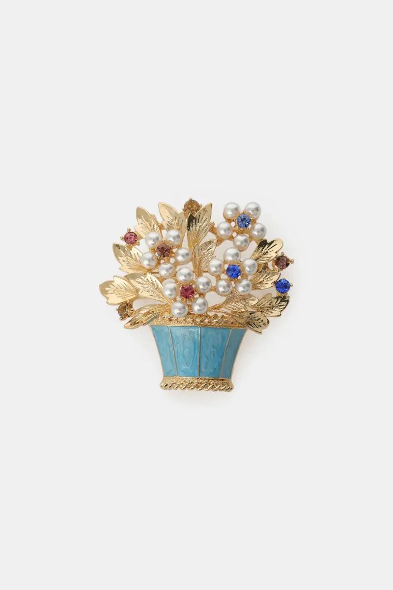 Spilla bouquet foglie dorate e pietre colorate