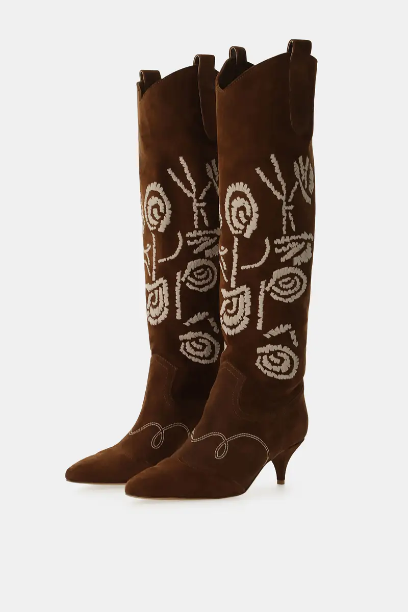 Stivali alti con ricami floreali e tacco basso miniatura 2