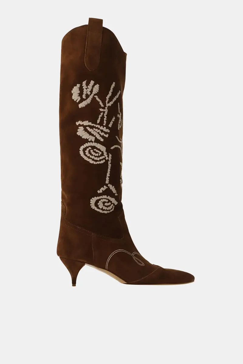 Stivali alti con ricami floreali e tacco basso
