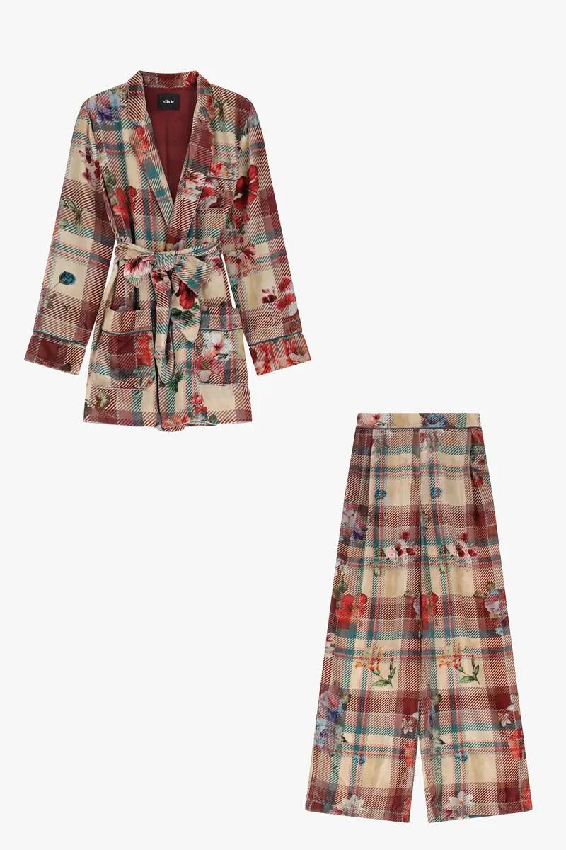 Suit giacca con cintura e pantaloni ampi stampati