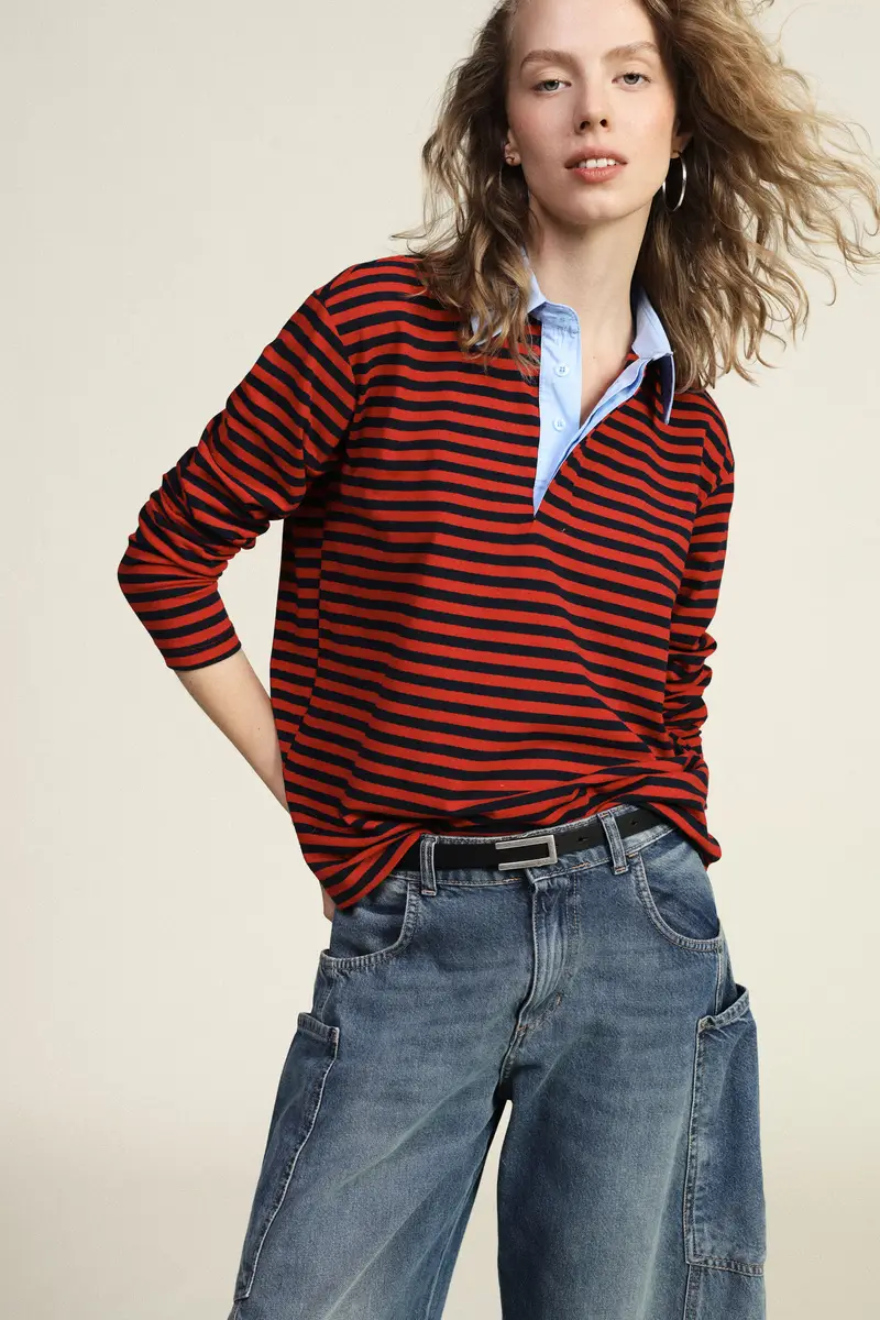 T-shirt a righe con colletto classico a contrasto miniatura 3