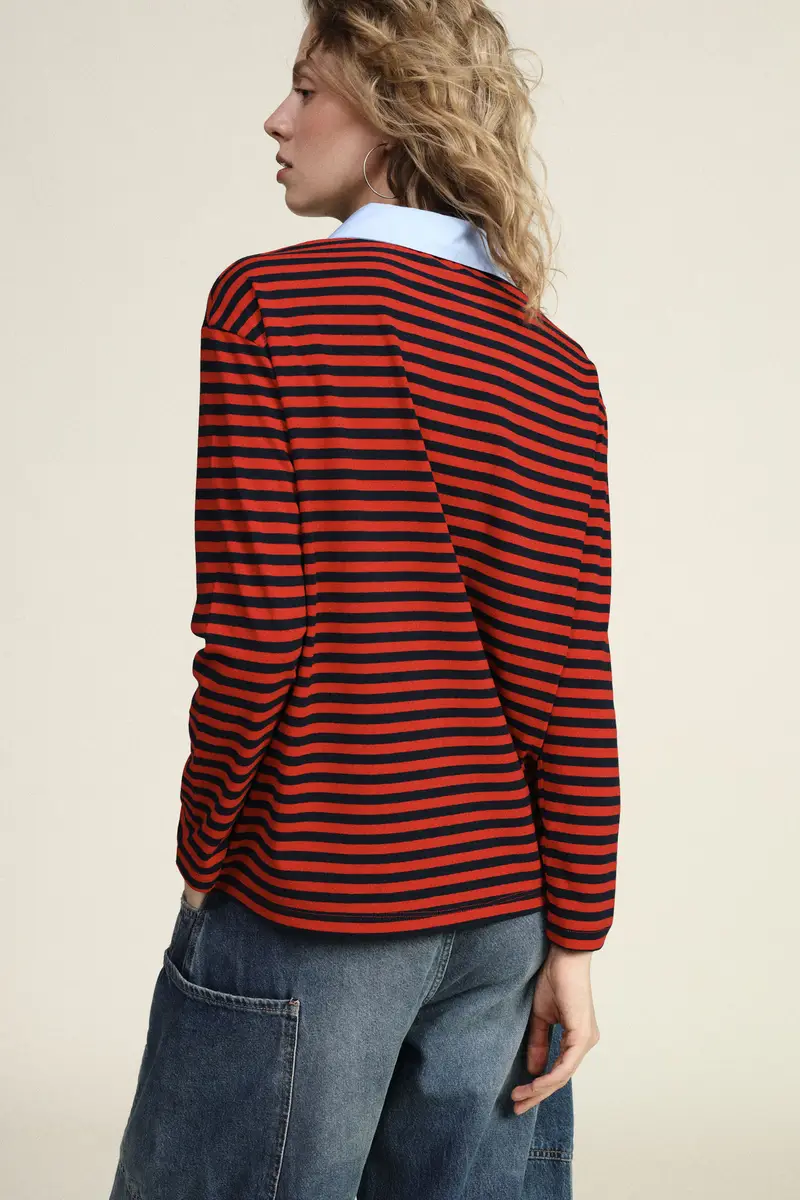 T-shirt a righe con colletto classico a contrasto miniatura 4