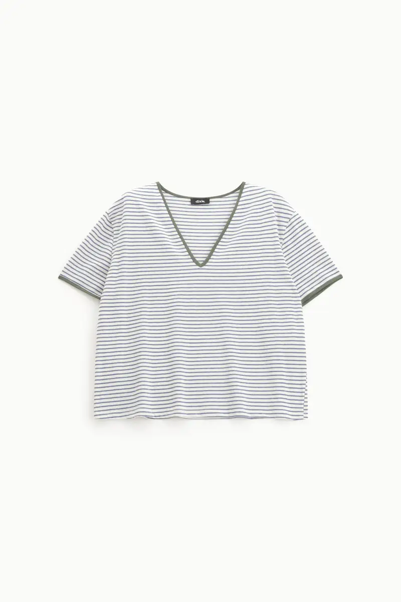 T-shirt a righe con scollo a v e bordi a contrasto