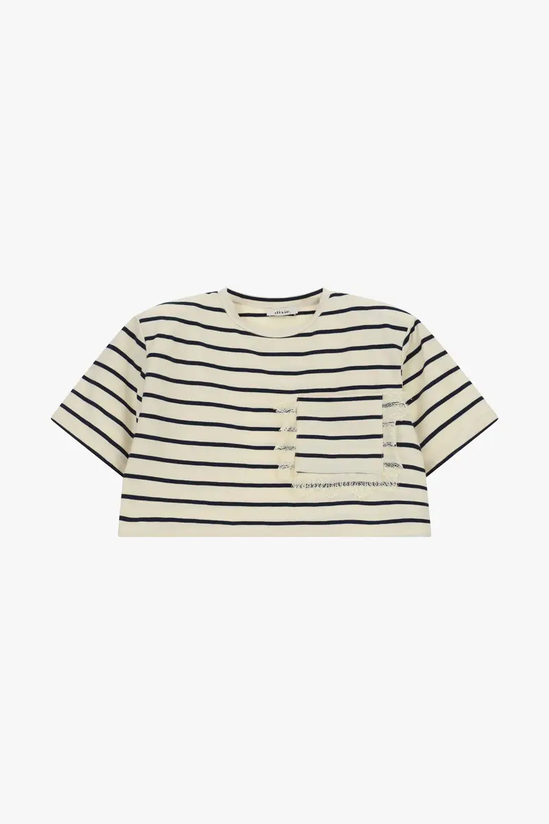 T-shirt a righe cropped con tasca frontale