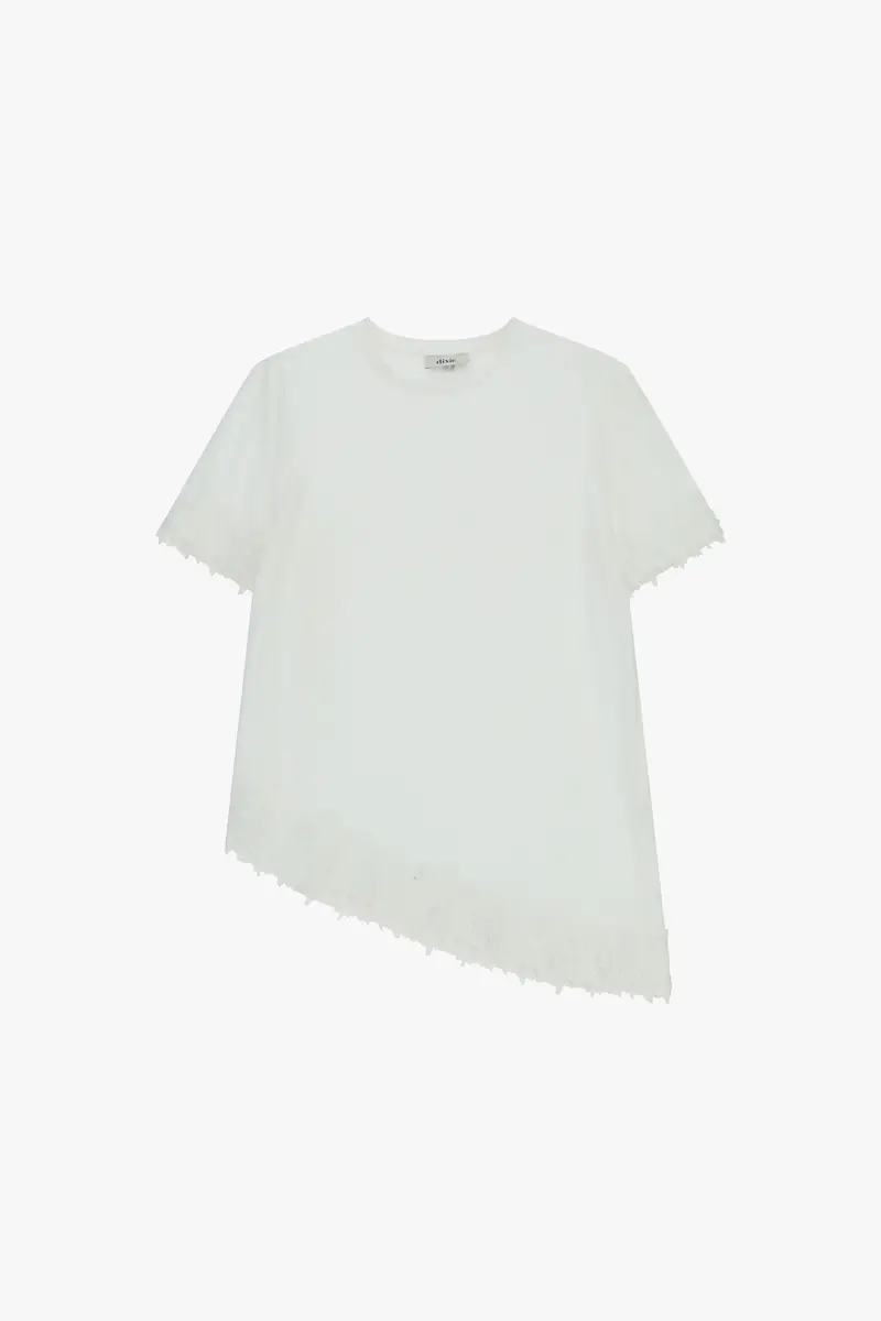 T-shirt asimmetrica con bordi in pizzo corto
