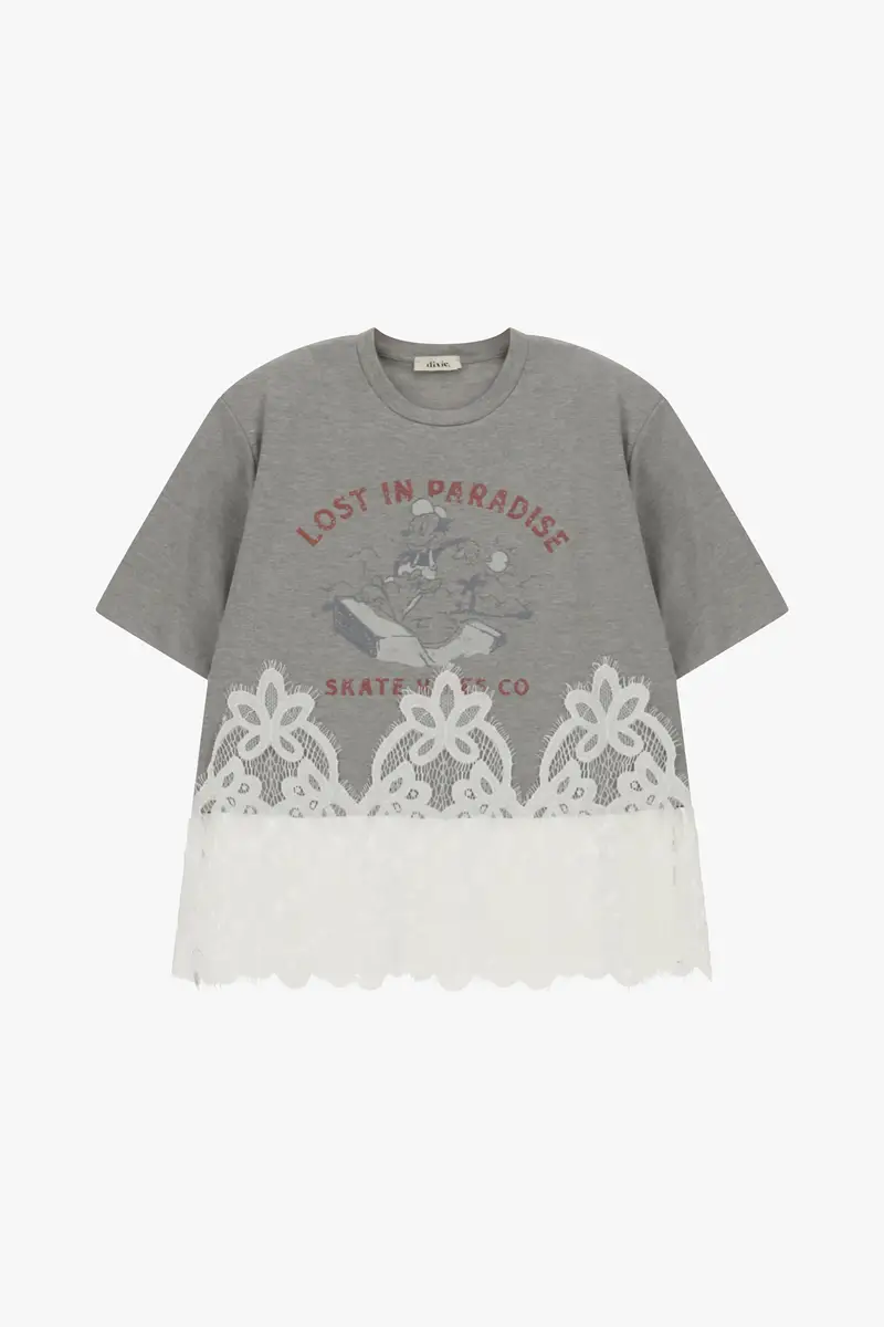 T-shirt stampa frontale con bordo in pizzo traforato