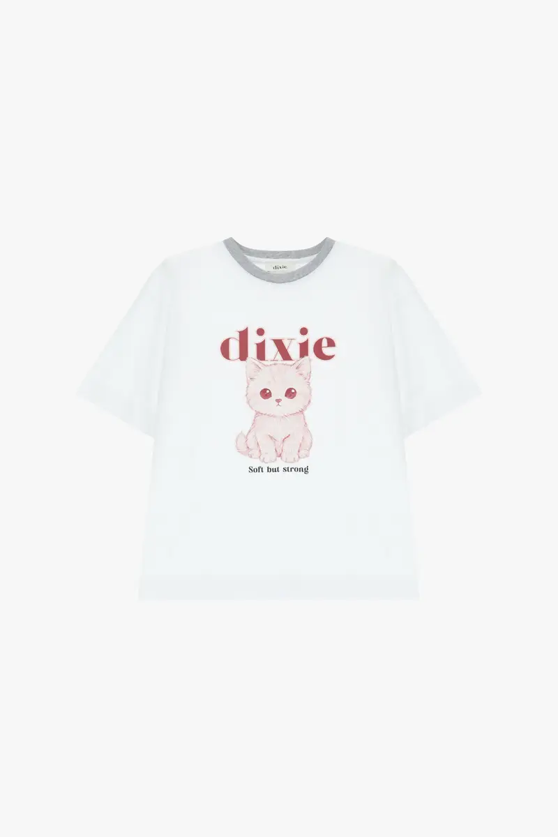 T-shirt stampa gattino con girocollo a contrasto