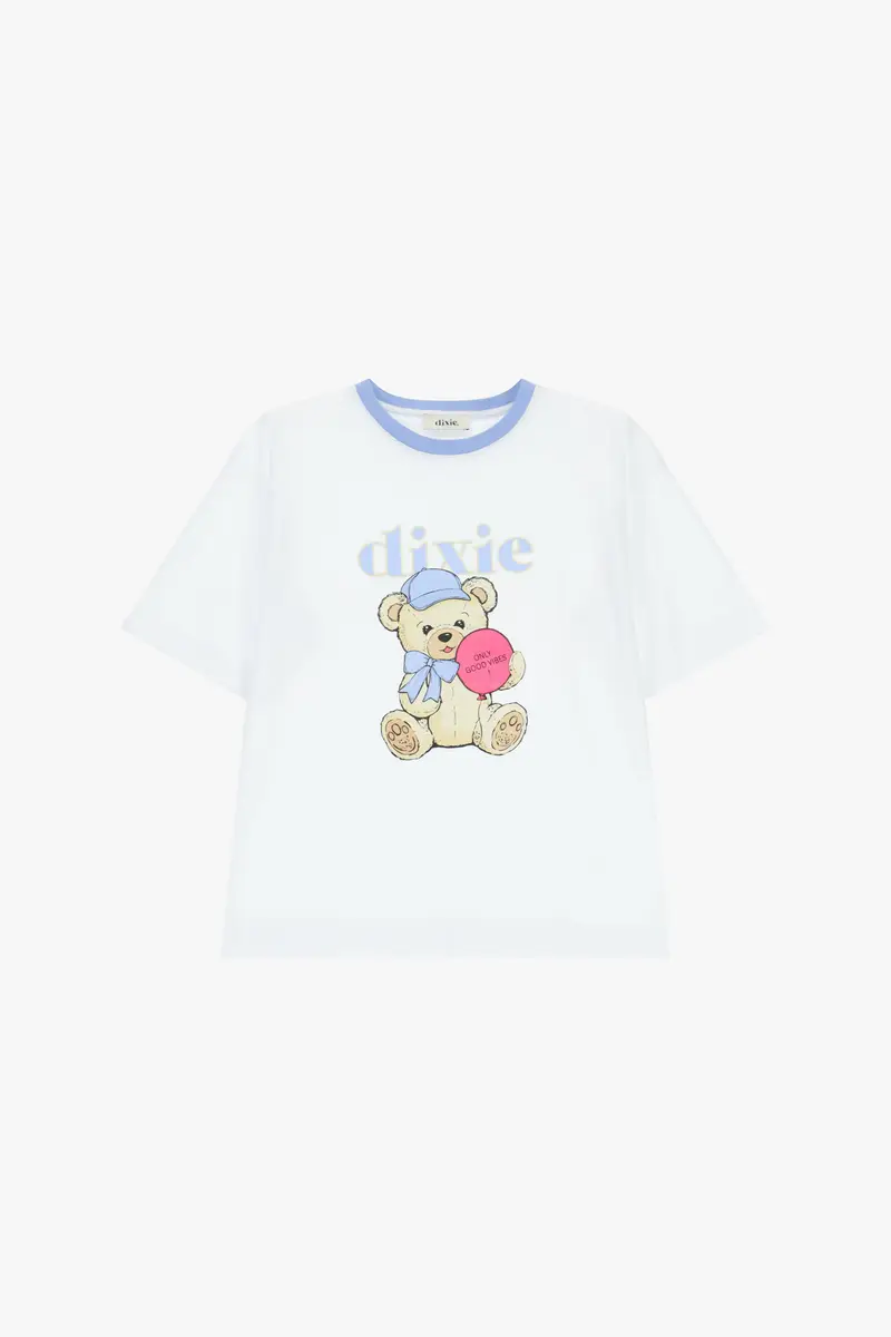 T-shirt stampa orsetto con girocollo a contrasto