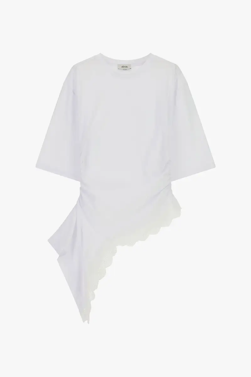 Top asimmetrico arricciato con maniche al gomito