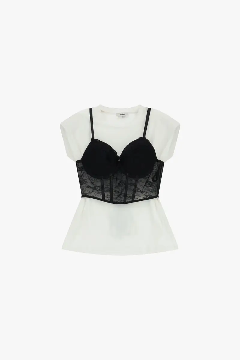 Top con maniche corte e corsetto in pizzo