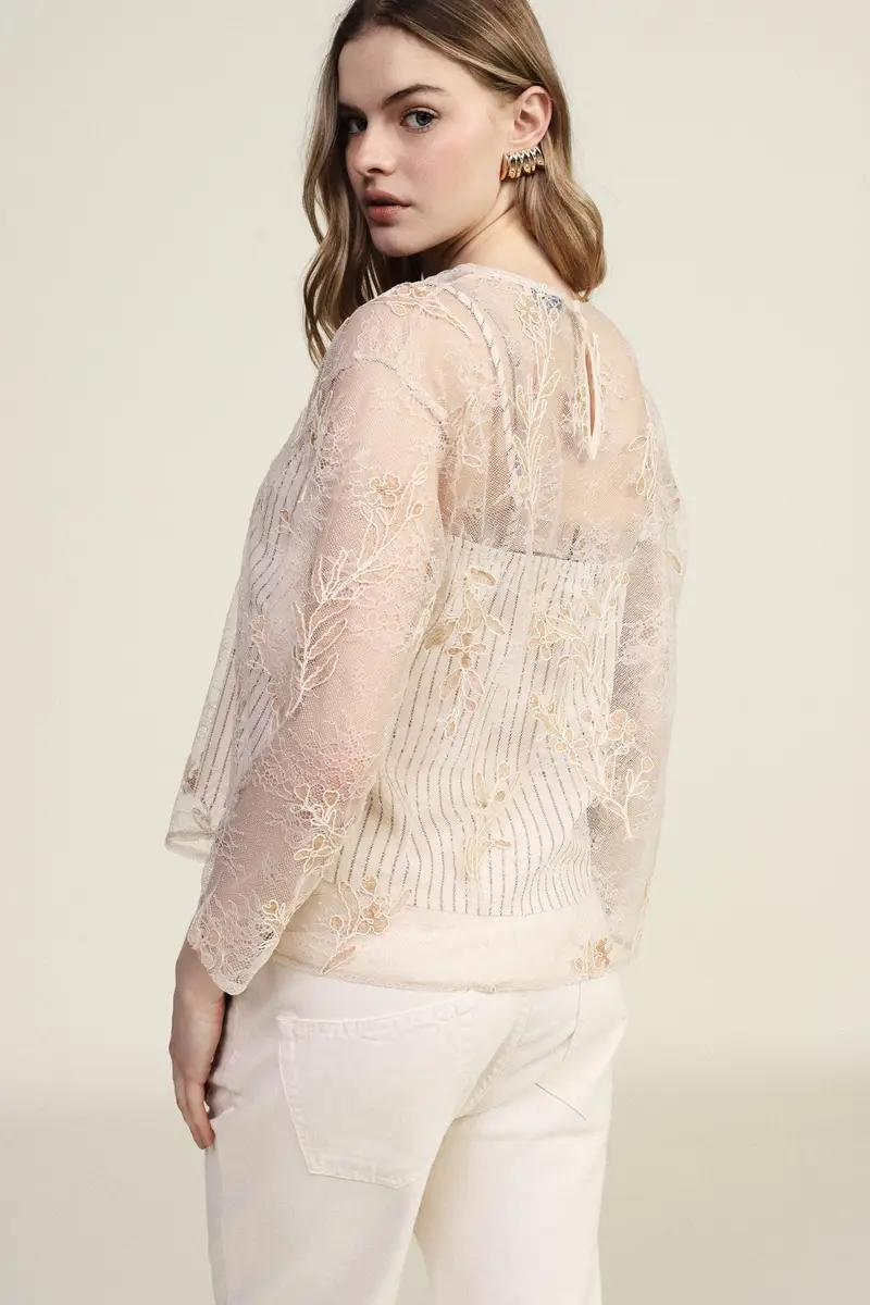 Top con ricamo floreale e maniche a 3/4 miniatura 3