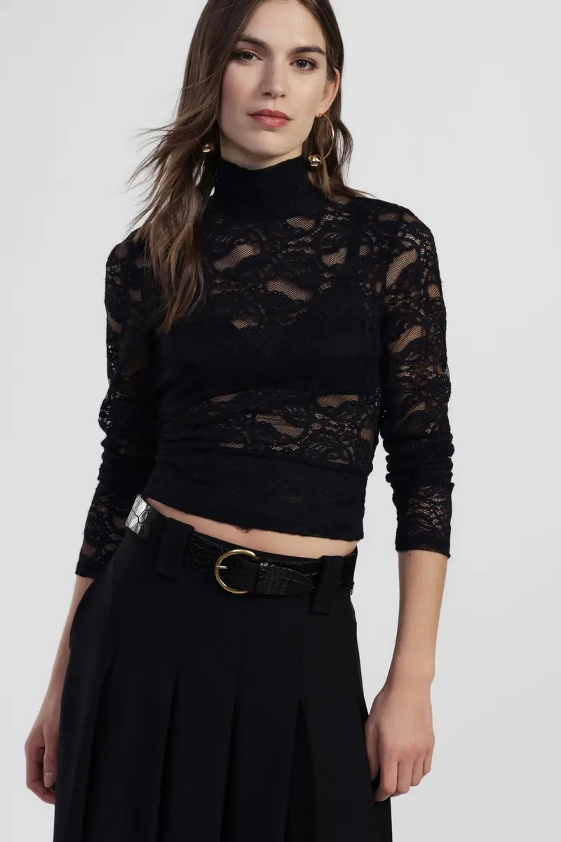 Top in pizzo trasparente manica lunga con nodo miniatura 2