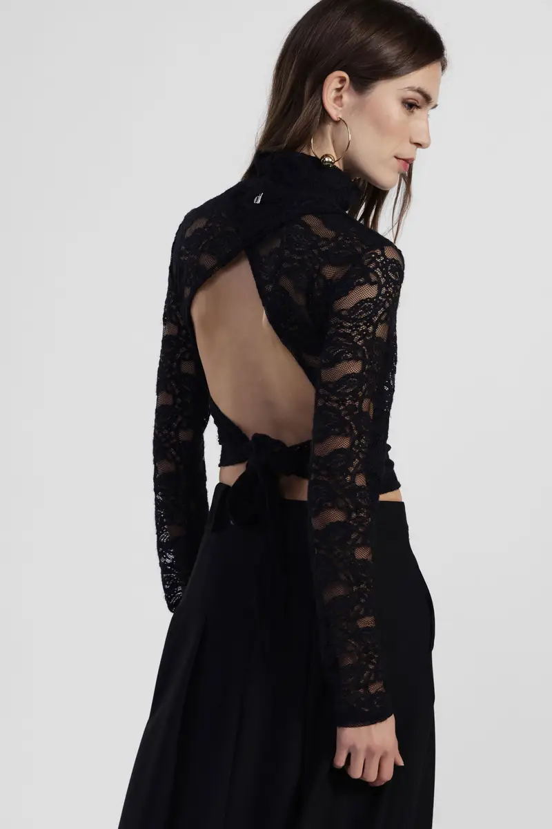 Top in pizzo trasparente manica lunga con nodo miniatura 3