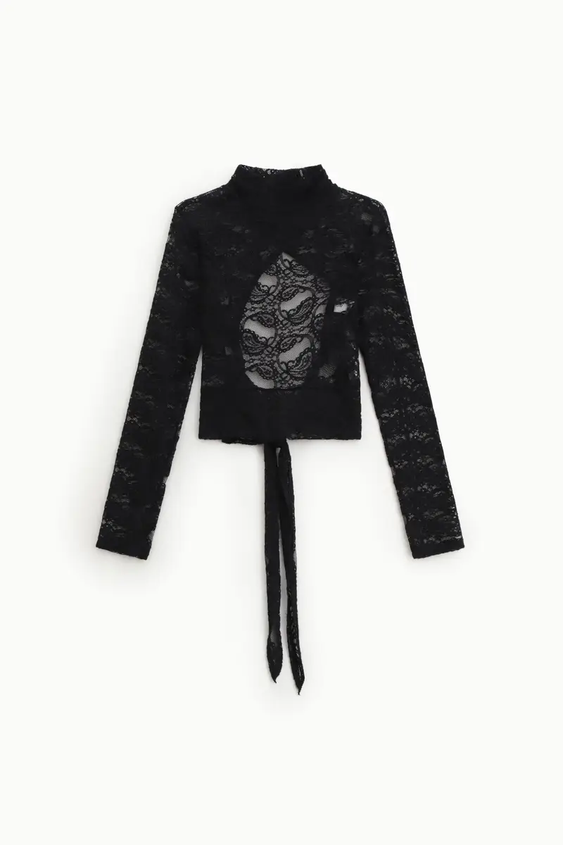 Top in pizzo trasparente manica lunga con nodo