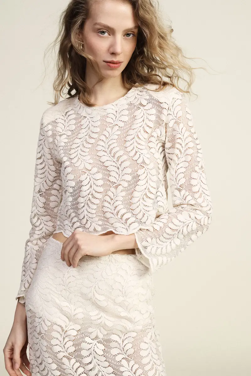 Top pizzo con maniche lunghe e motivo traforato miniatura 2