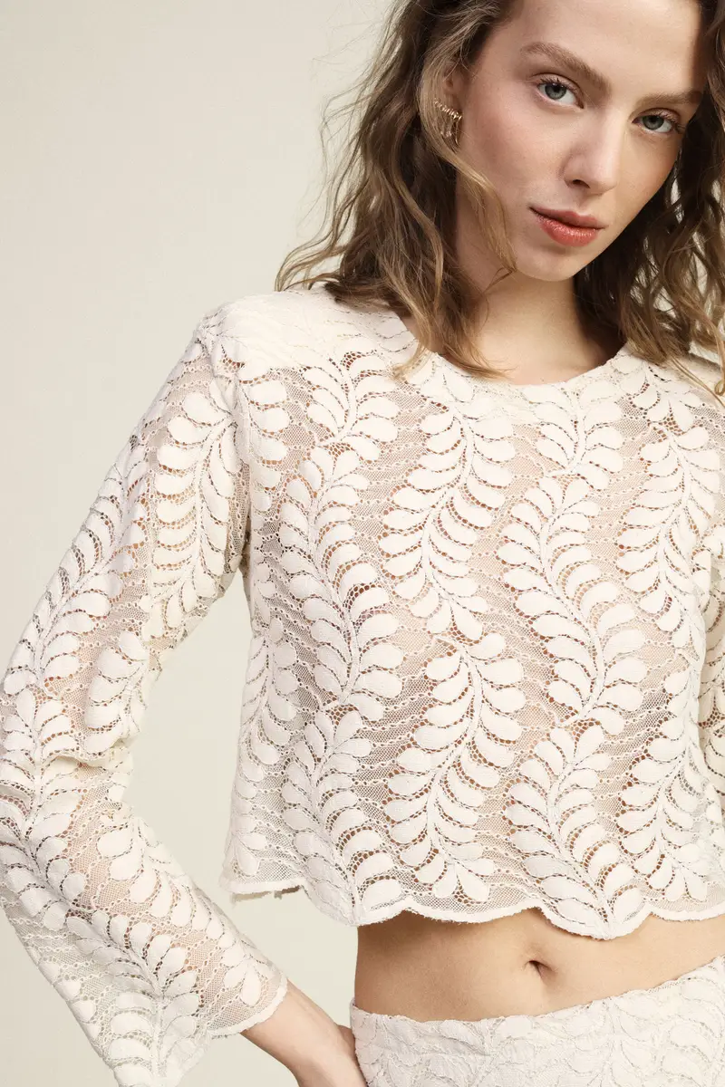 Top pizzo con maniche lunghe e motivo traforato miniatura 4