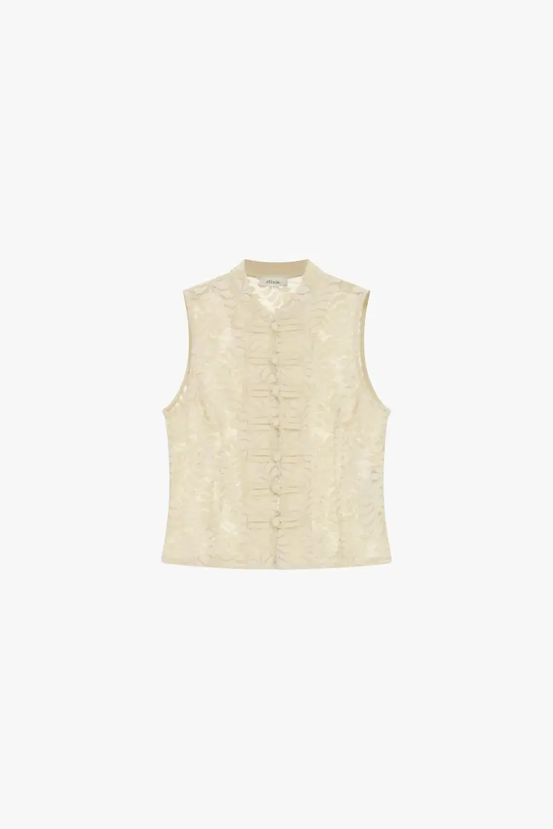 Top senza maniche con collo coreano e dettagli pizzo