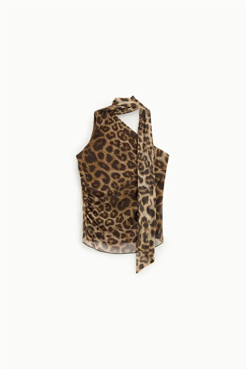 Top stampa animalier scollo asimmetrico con foulard