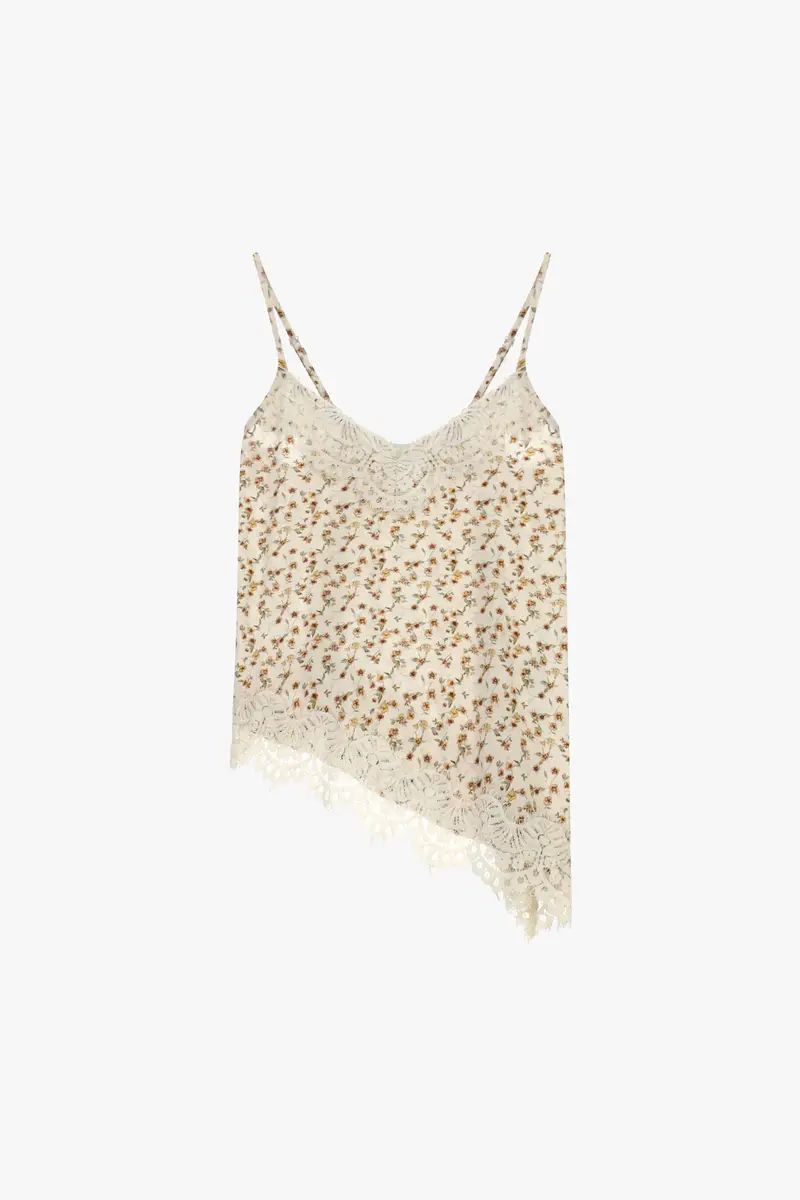 Top stampa floreale con bordo in pizzo asimmetrico