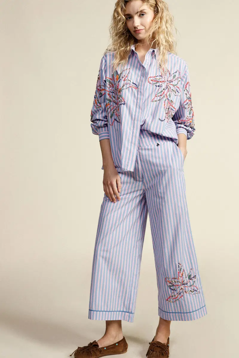 Trousers palazzo a righe ricamo floreale miniatura 2