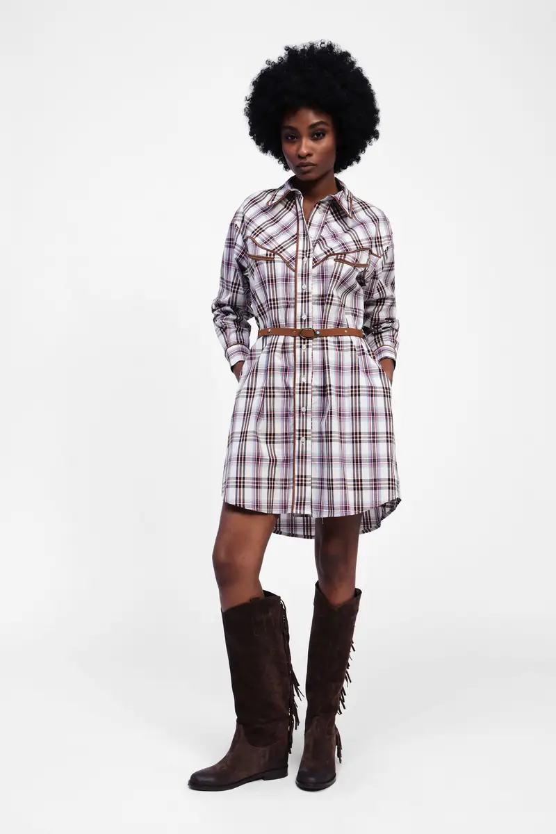 Vestito chemisier corto a quadri con cintura miniatura 2