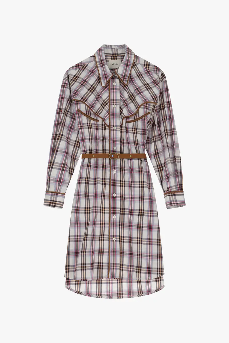 Vestito chemisier corto a quadri con cintura