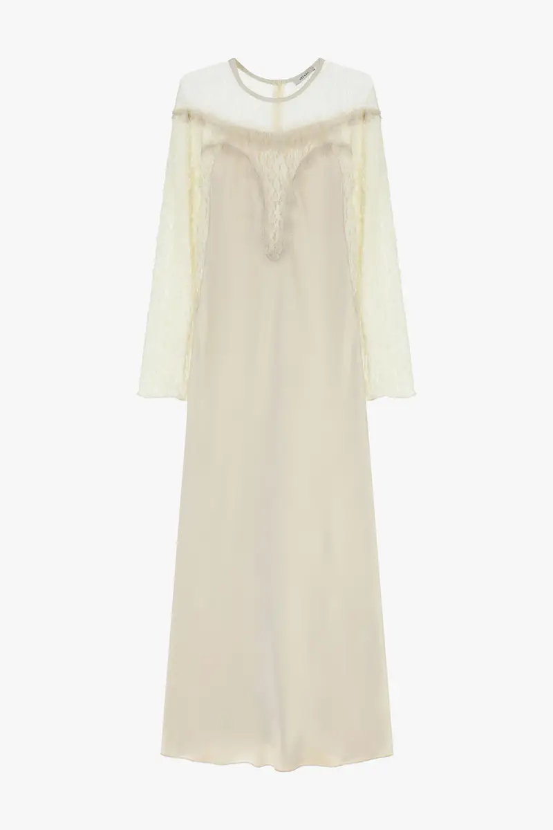 Vestito lungo con maniche in pizzo e scollo girocollo