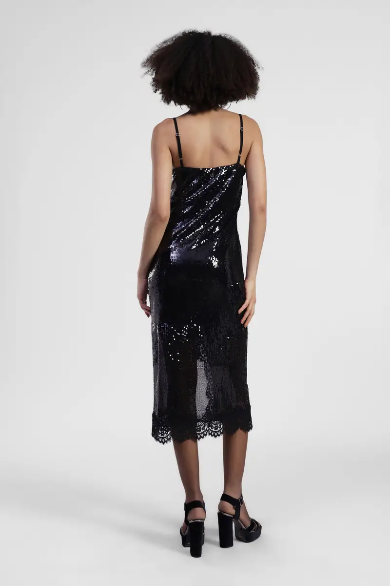 Vestito midi con paillettes e spalline sottili miniatura 3