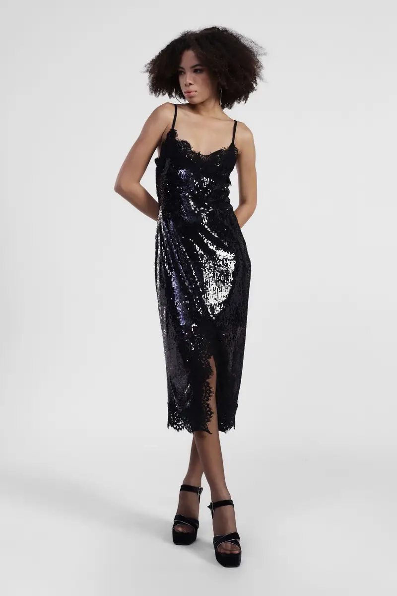 Vestito midi con paillettes e spalline sottili miniatura 2