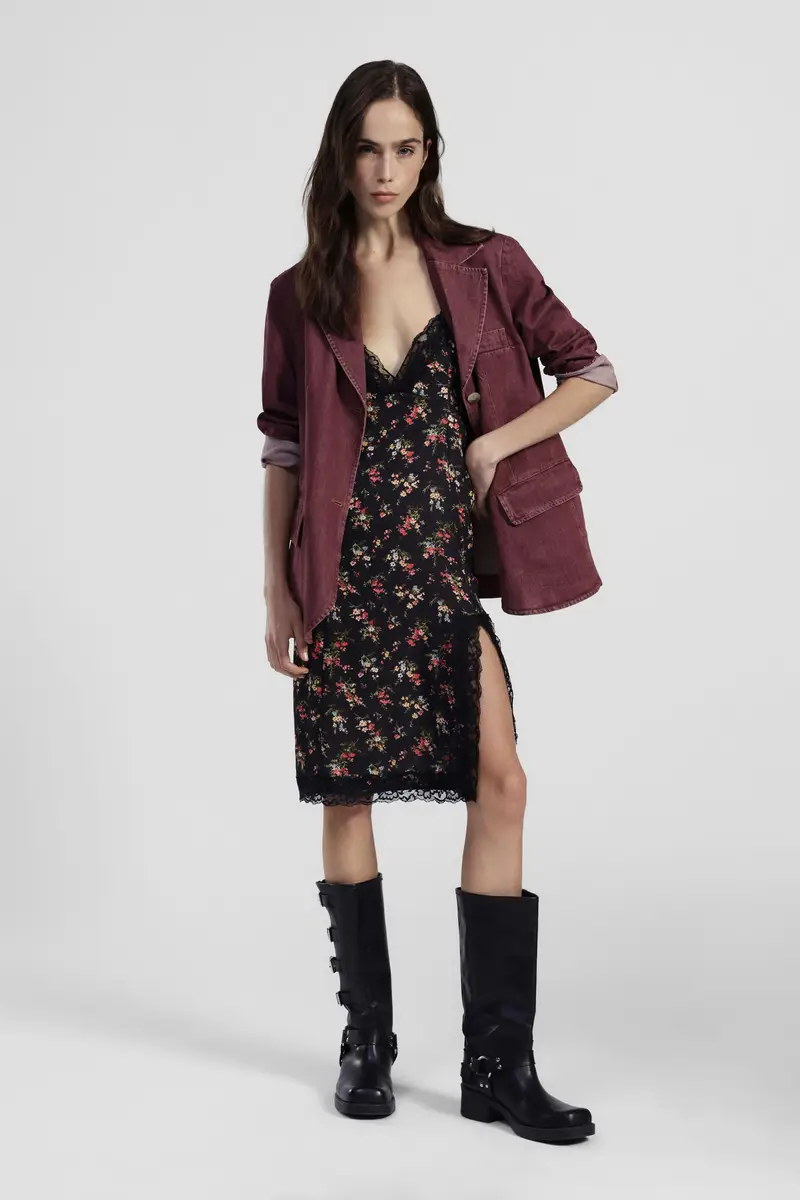 Vestito midi stampa floreale con pizzo e spacco miniatura 2