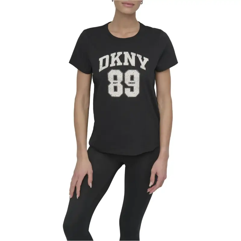 T-shirt da donna Dkny Arched 89 Distressed Rhinestone Logo
