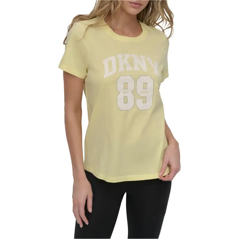 T-shirt da donna Dkny Arched 89 Distressed Rhinestone Logo
