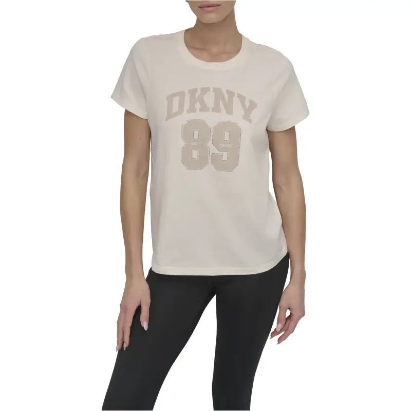 T-shirt da donna Dkny Arched 89 Distressed Rhinestone Logo