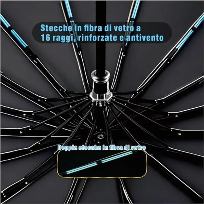 DLNXRUIS Ombrello Pieghevole Antivento A 16 Costole, Grande Ombrello Tascabile, Triplice Completamente Automatico Ombrello Da Viaggio Antivento, Antipioggia, Resistente Ai Raggi Uv (Nero, 16 Costole) miniatura 3
