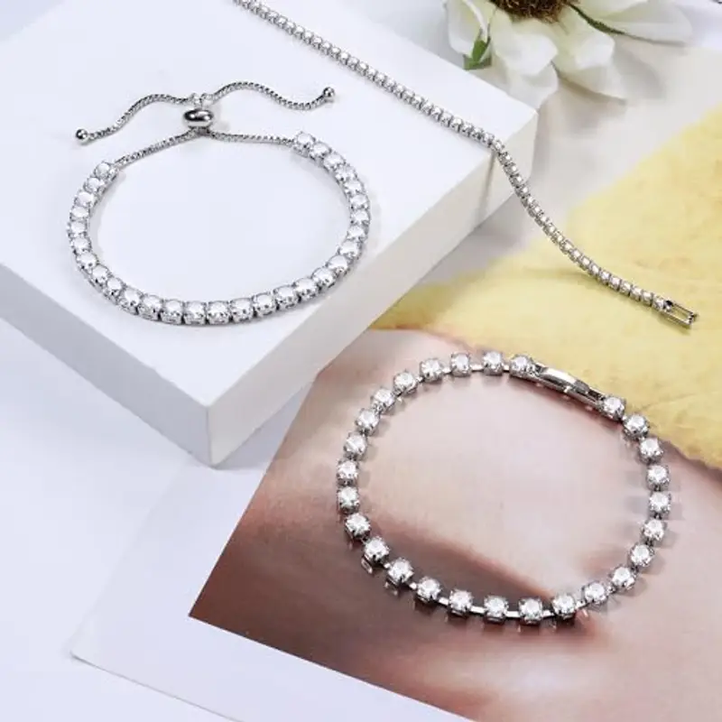 Dochais 3 Pezzi Set Bracciale Tennis Argento Donna, Bracciale Tennis Zirconi, Braccialetto con Strass, Braccialetti miniatura 2