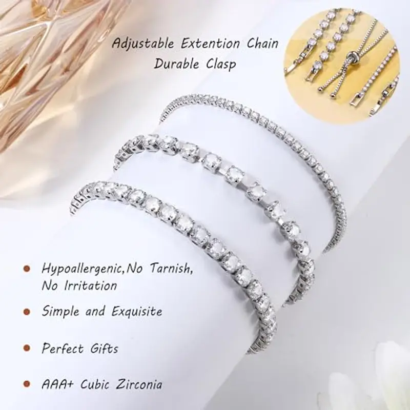Dochais 3 Pezzi Set Bracciale Tennis Argento Donna, Bracciale Tennis Zirconi, Braccialetto con Strass, Braccialetti miniatura 3