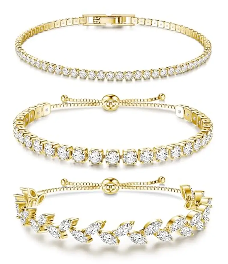 Dochais 3 Pezzi Set Tennis Bracciale Donna Oro, Braccialetto Tennis Zirconi, Braccialetti Diamond, Bracciale Strass