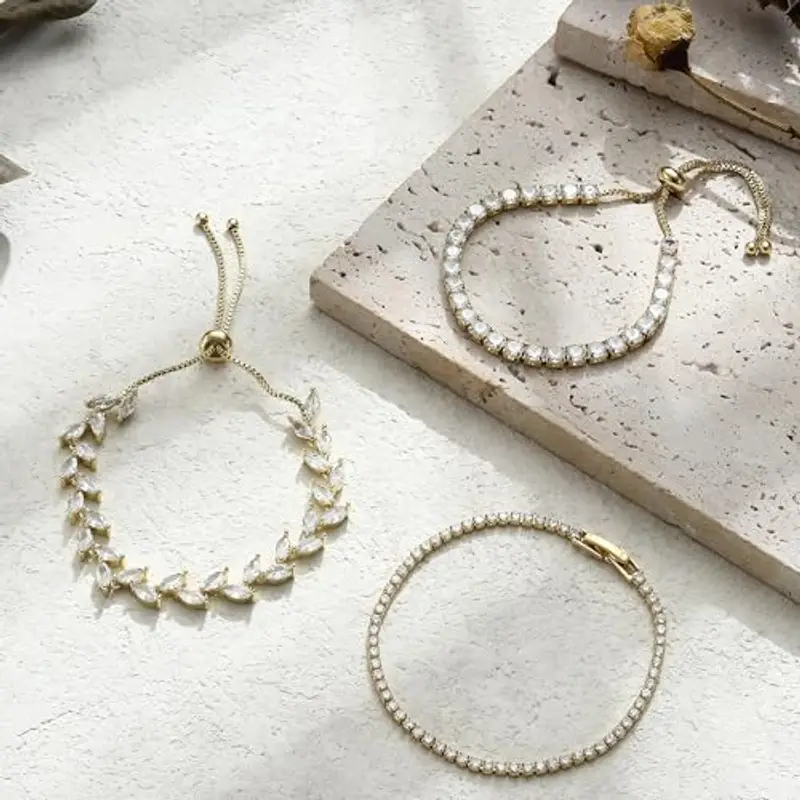 Dochais 3 Pezzi Set Tennis Bracciale Donna Oro, Braccialetto Tennis Zirconi, Braccialetti Diamond, Bracciale Strass miniatura 2