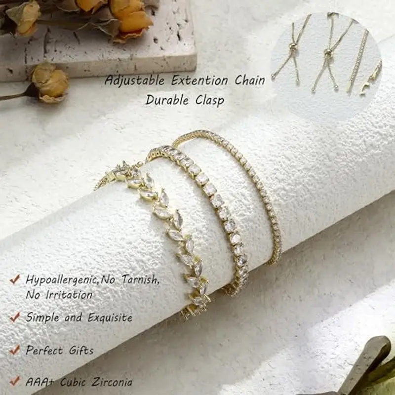 Dochais 3 Pezzi Set Tennis Bracciale Donna Oro, Braccialetto Tennis Zirconi, Braccialetti Diamond, Bracciale Strass miniatura 3