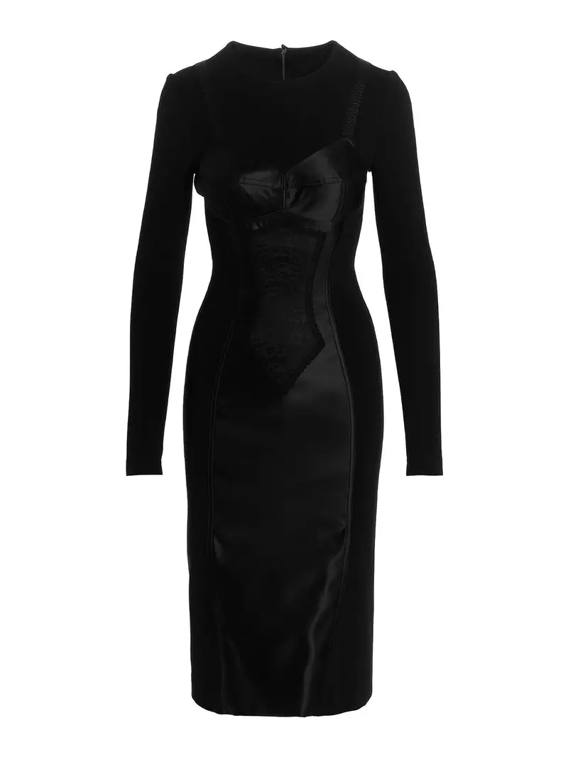 Abito midi con inserto in pizzo Nero