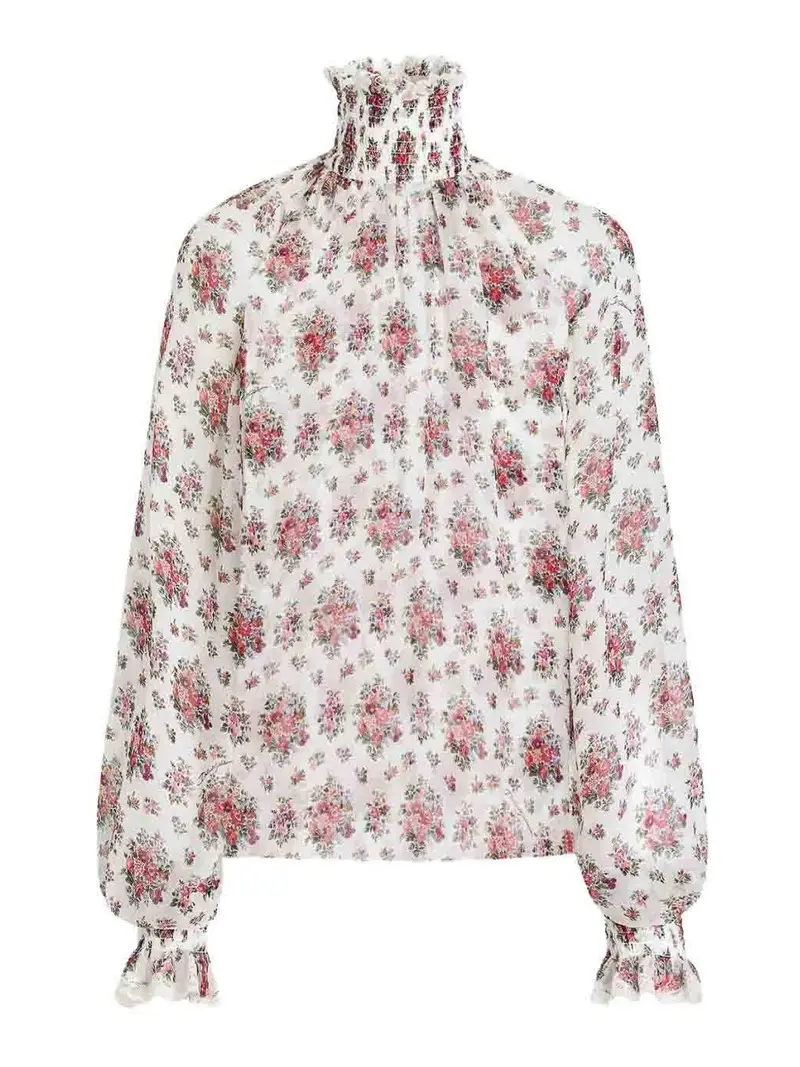 Blusa Con Stampa Floreale E Collo Alto Multicolore