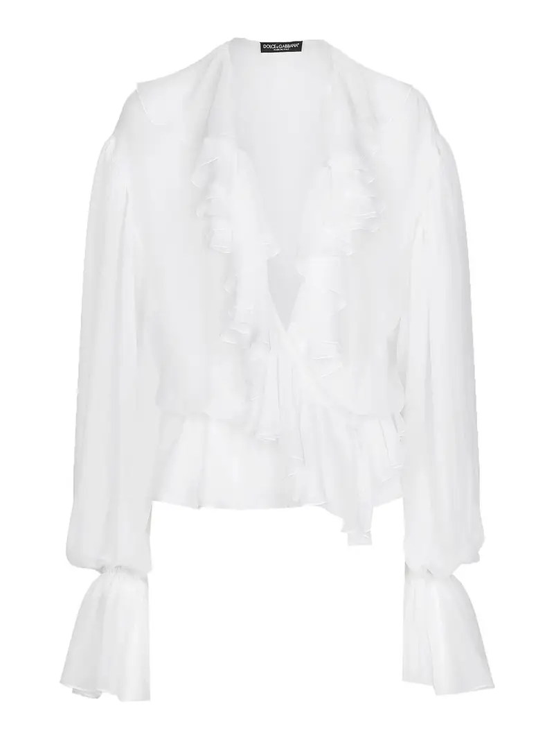Blusa in chiffon con volant Bianco