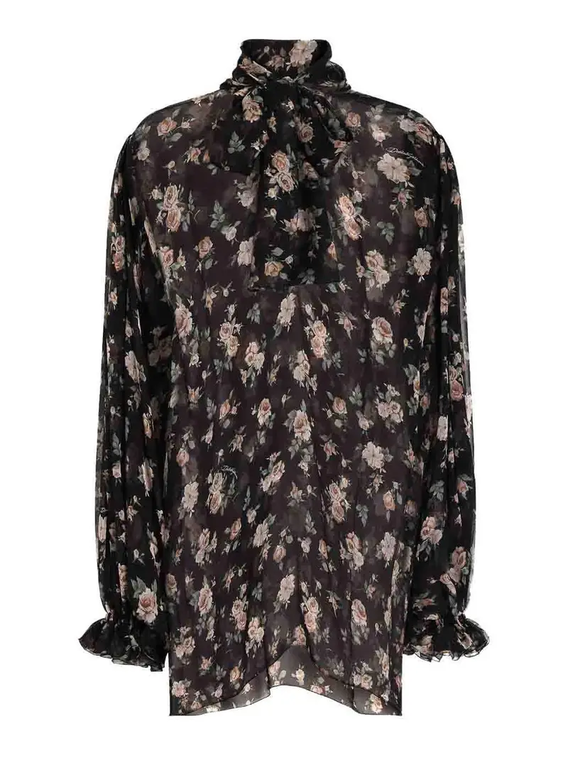 Blusa Nera In Seta Con Stampa A Fiori Nero