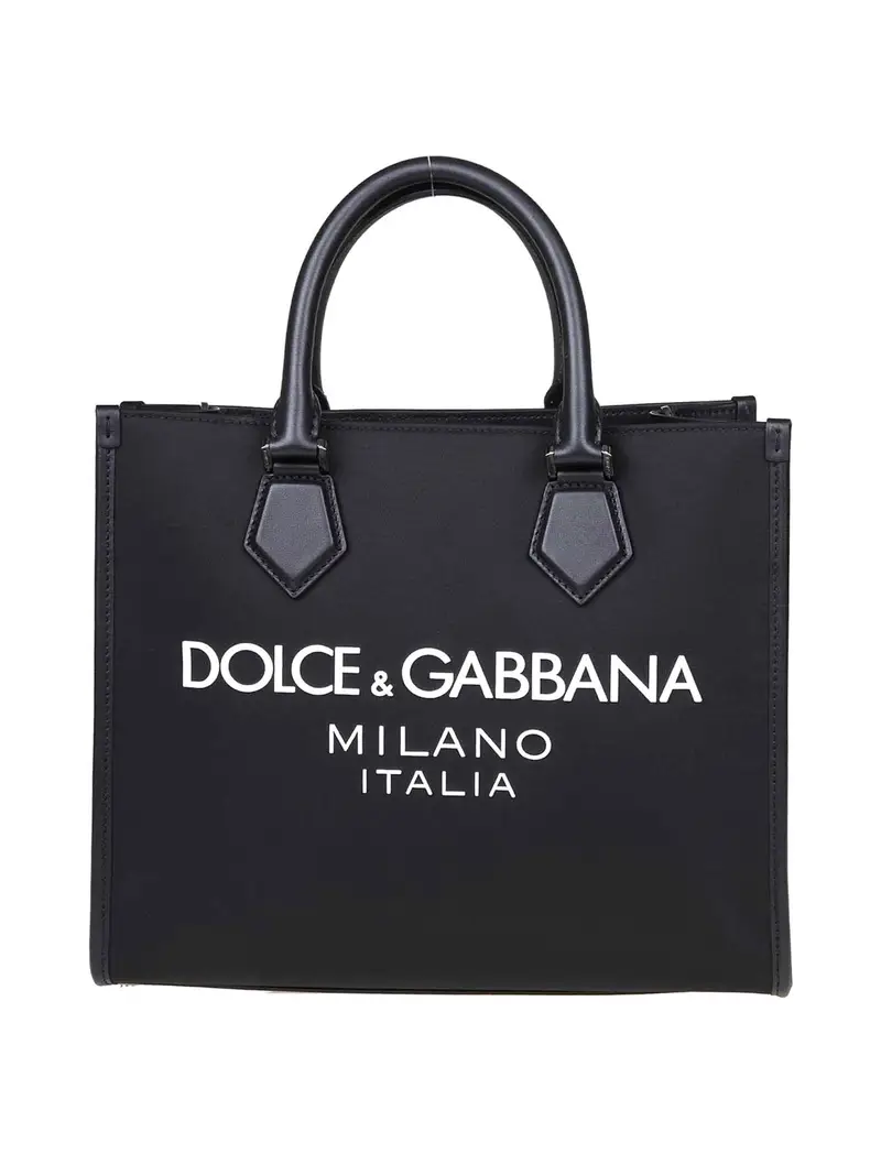 borsa shopping in nylon con logo gommato Nero