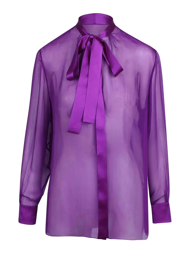 Camicia In Chiffon Di Seta Con Fiocco Viola