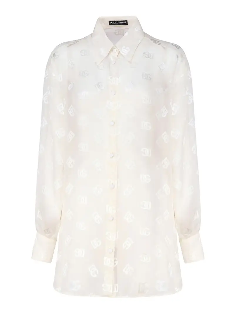 Camicia In Raso Di Seta Devor Con Logo Dg Bianco
